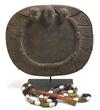 (AFRICA.) DIVINATION. Yoruba diviner''s carved wooden plate, ivory ""pointer"" and necklace of 19th century ceremonial glass trade be